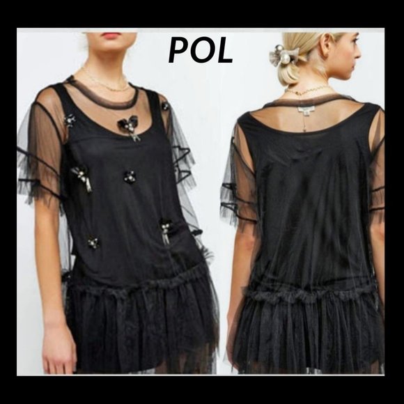POL Tops - Host Pick❣Sheer Mesh Two-fer Tunic Top Black
